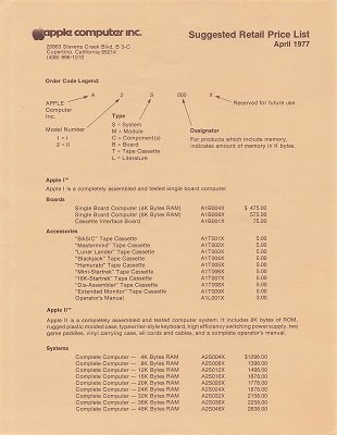 Apple-1 pricelist April 1977